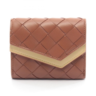 BOTTEGA VENETA Intrecciato Tri-fold wallet leather Brown Yellow Used Women