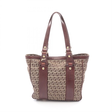 FENDI Zucchino Tote Shoulder Bag canvas leather Beige Brown Used Women
