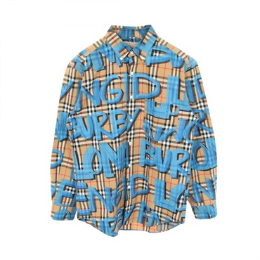 BURBERRY Graffiti Print Vintage Nova Check Shirt cotton Beige Blue #M Used mens