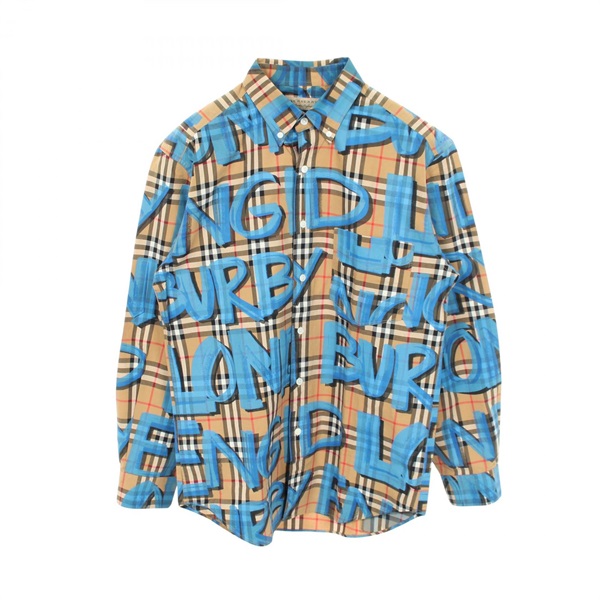 BURBERRY Graffiti Print Vintage Nova Check Shirt cotton Beige Blue #M Used mens