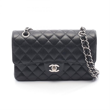 CHANEL Matelasse W flap Chain Shoulder Bag A01113 Leather Black Used Women SHW