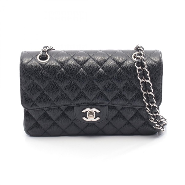 CHANEL Matelasse W flap Chain Shoulder Bag A01113 Leather Black Used Women SHW