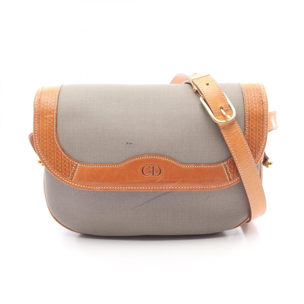 Christian Dior CD logo Shoulder crossbody Bag canvas leather Gray Brown Used