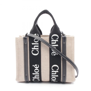 Chloe WOODY Small Tote Shoulder Crossbody Bag canvas leather Beige Black Used