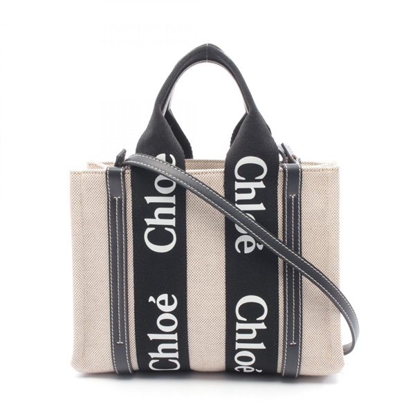 Chloe WOODY Small Tote Shoulder Crossbody Bag canvas leather Beige Black Used