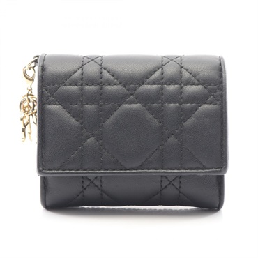 Christian Dior Cannage Tri-fold compact wallet purse leather Black Used Women