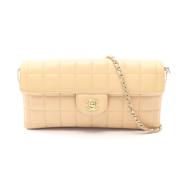 CHANEL Chocolate bar CC Logo Chain Shoulder Bag Lambskin Beige GHW Used Women