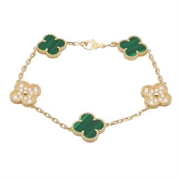 Van Cleef & Arpels Vintage Alhambra 5 Motif Bracelet 18KYG Diamond Malachite