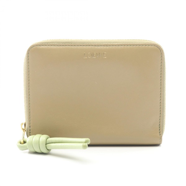 LOEWE Knot Compact zip Aound Wallet Purse leather Beige Green Used Women
