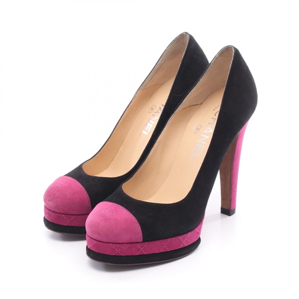 CHANEL COCO Mark pumps heels shoes #35.5 G28461 Suede Black Pink Used Women