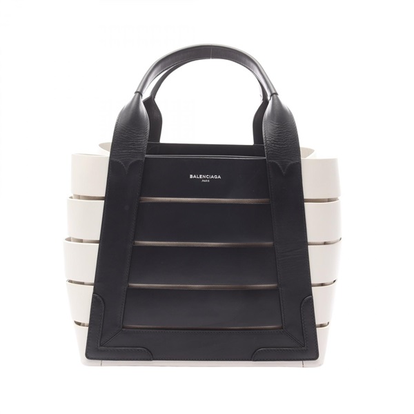 BALENCIAGA Marine Tote hand Bag 380691 leather canvas Black White Used Women