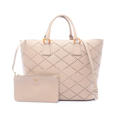 PRADA Punching Tote Shoulder Crossbody Handbag leather Beige Used Women