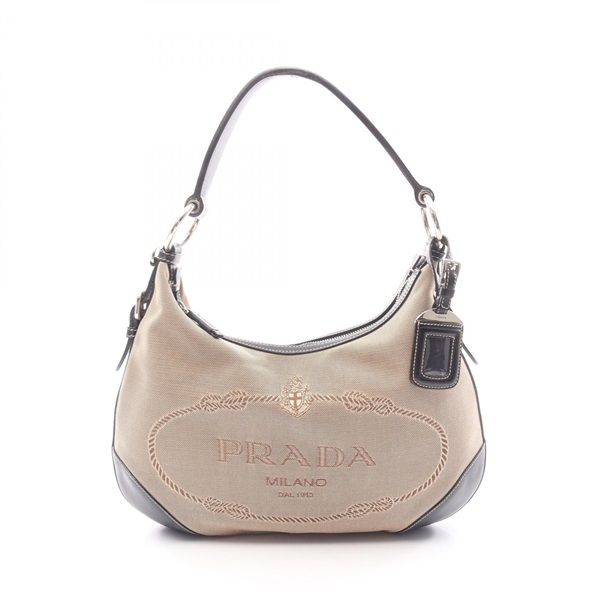 PRADA LOGO JACQUARD Shoulder Handbag canvas leather Beige Black Used Women