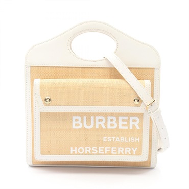 BURBERRY Mini pocket Hand Shoulder bag leather Raffia Beige White Used Women