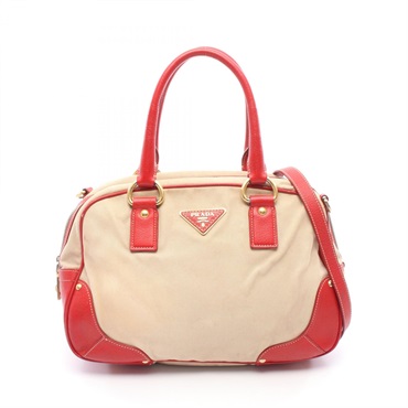PRADA Shoulder Crossbody Handbag BL0713 canvas leather Beige Red Used Women