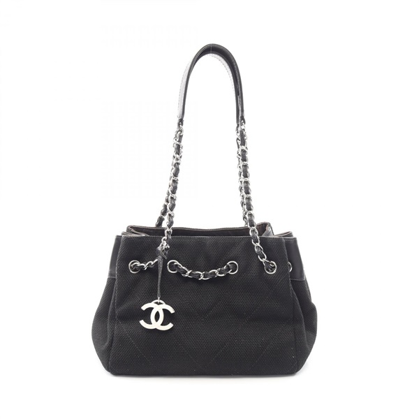 CHANEL V Stitch Chain Shoulder Bag Canvas leather Black SHW Used Coco CC