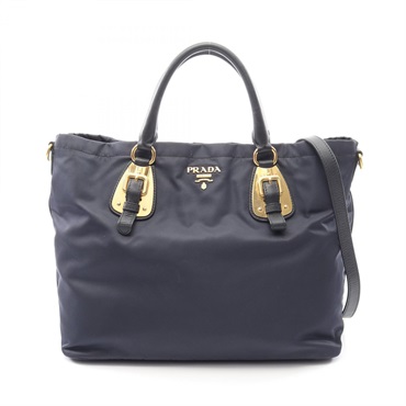 PRADA TESSUTO SOFT CALF Shoulder Tote Handbag BN1902 Nylon leather Navy Used