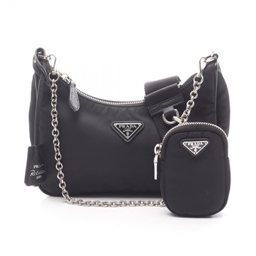 PRADA Re-Edition 2005 Chain Shoulder Handbag Nylon Saffiano leather Black Used