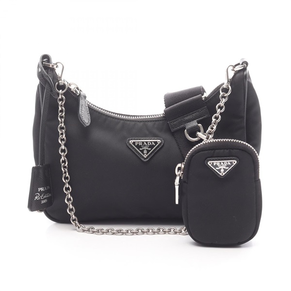 PRADA Re-Edition 2005 Chain Shoulder Handbag Nylon Saffiano leather Black Used