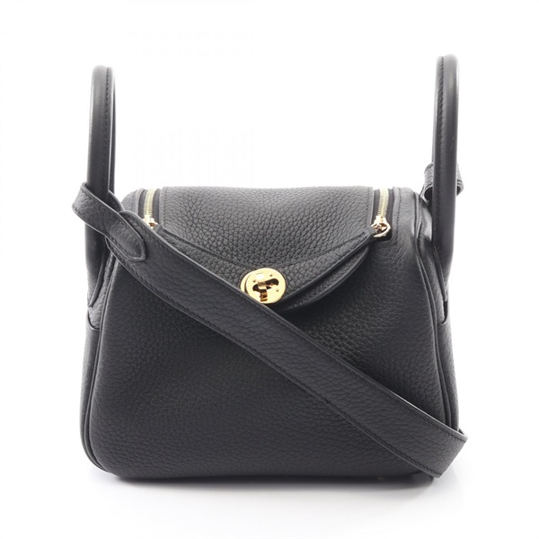 HERMES Lindy Mini Shoulder Hand Bag Clemence leather Black Used Women U GHW