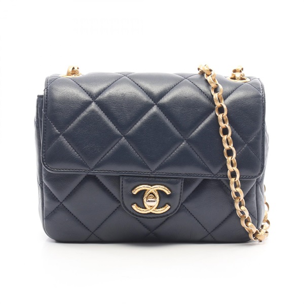 CHANEL Matelasse Chain Shoulder Bag Lambskin sheep leather Navy Used Women GHW