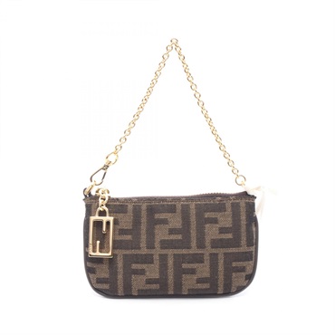 FENDI Baguette Slim Clutch Mini Zucca Chain Shoulder Handbag canvas Brown NEW