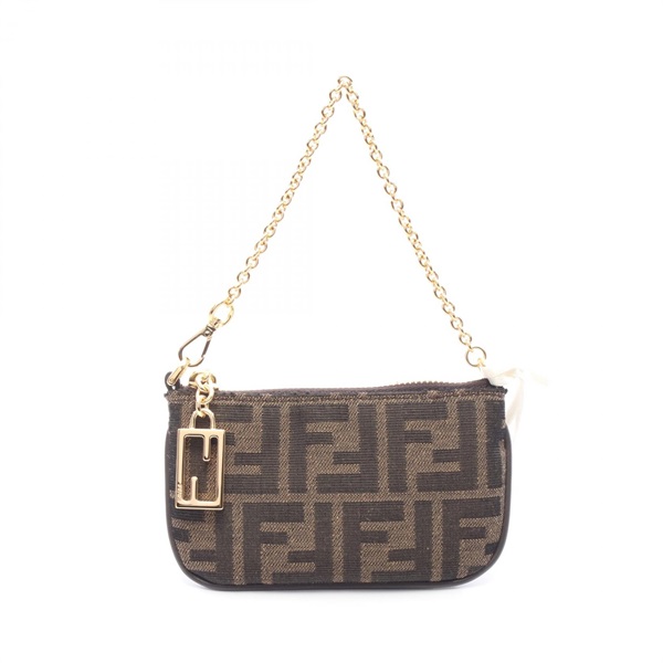 FENDI Baguette Slim Clutch Mini Zucca Chain Shoulder Handbag canvas Brown NEW