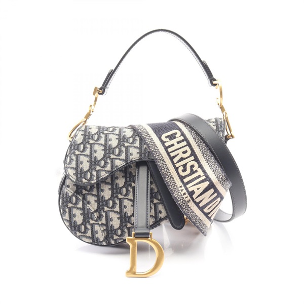 Dior Saddlebag Mini Oblique Shoulder Handbag canvas leather Beige Navy Used GHW