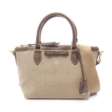 PRADA LOGO JACQUARD 2WAY Shuolder Crossbody Handbag canvas leather Brown Used