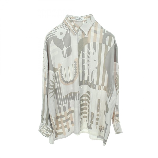 HERMES Cheval Equinoxe Long sleeved Shirt Top #39 15 1/2 silk Gray Used mens