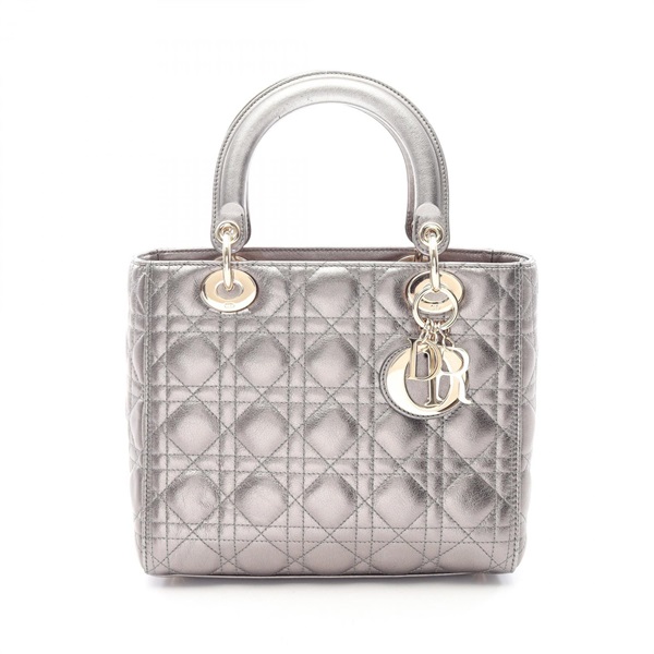 Christian Dior LADY DIOR Cannage Metallic Handbag leather Green Used Women