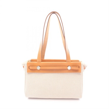 HERMES Herbag Cabas PM Tote shoulder Bag H Toile H Hunter Ecru natural SHW used