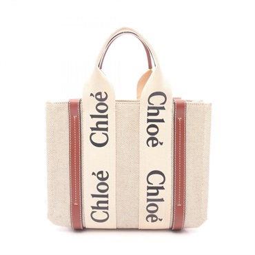 Chloe WOODY Logo Small Tote Bag canvas leather Beige Brown Used Women