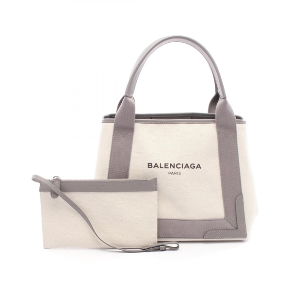 BALENCIAGA NAVY CABAS S Tote Bag 339933 2HH3N canvas leather Beige Gray Used