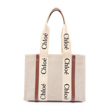 Chloe WOODY Medium Tote Hand Bag canvas leather Beige Brown Used Women logo