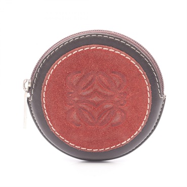 LOEWE Anagram Round Coin Change purse case Suede leather Bordeaux Brown Used
