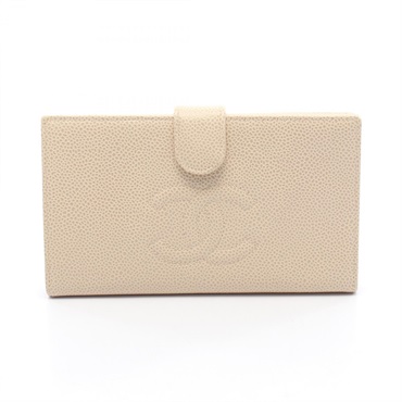 CHANEL COCO Mark Bifold purse wallet Grained Calfskin leather Beige Used GHW CC