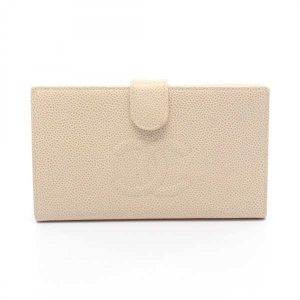 CHANEL COCO Mark Bifold purse wallet Grained Calfskin leather Beige Used GHW CC