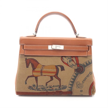 HERMES Kelly 32 Shoulder Handbag Toile Couvel canvas Barenia leather used N SHW
