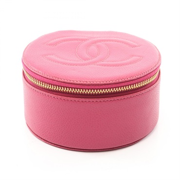 CHANEL COCO Mark Jewelry Case Mini Round Box Calfskin leather Pink GHW Used CC