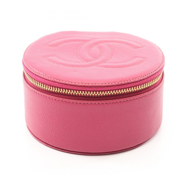 CHANEL COCO Mark Jewelry Case Mini Round Box Calfskin leather Pink GHW Used CC