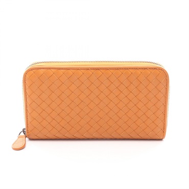 BOTTEGA VENETA Intrecciato Around zip long wallet Purse leather Orange Used