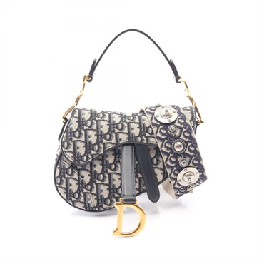 Christian Dior Saddlebag Mini Shoulder Handbag canvas leather Beige Navy Used