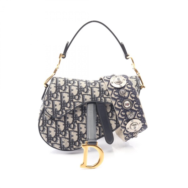 Christian Dior Saddlebag Mini Shoulder Handbag canvas leather Beige Navy Used