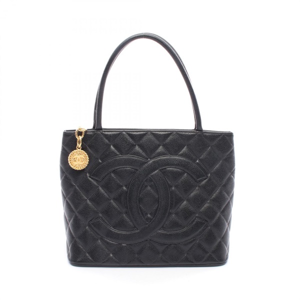CHANEL Medallion tote hand Bag Grained Calfskin leather Black Used Women GHW