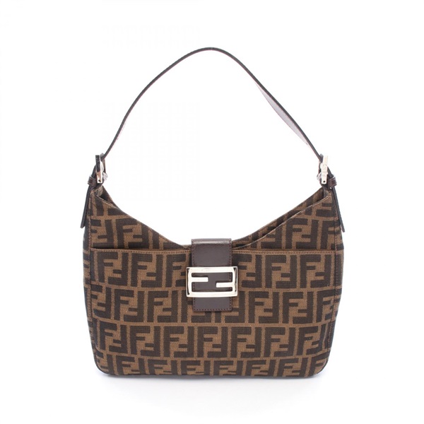 FENDI Zucca Shoulder Bag canvas leather Brown Black Used Women