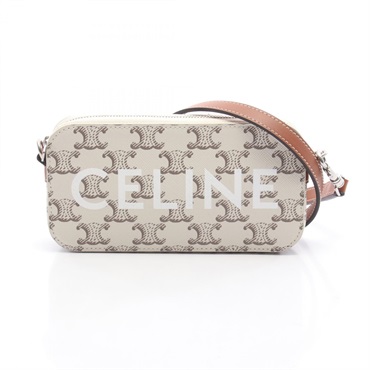 CELINE Triomphe Horizontal Pouch Shoulder Bag canvas leather White Brown Used