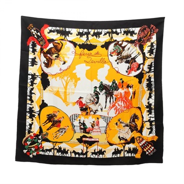 HERMES Carre90 Feria de Sevilla Scarf Silk Yellow Black Multicolor Used Women