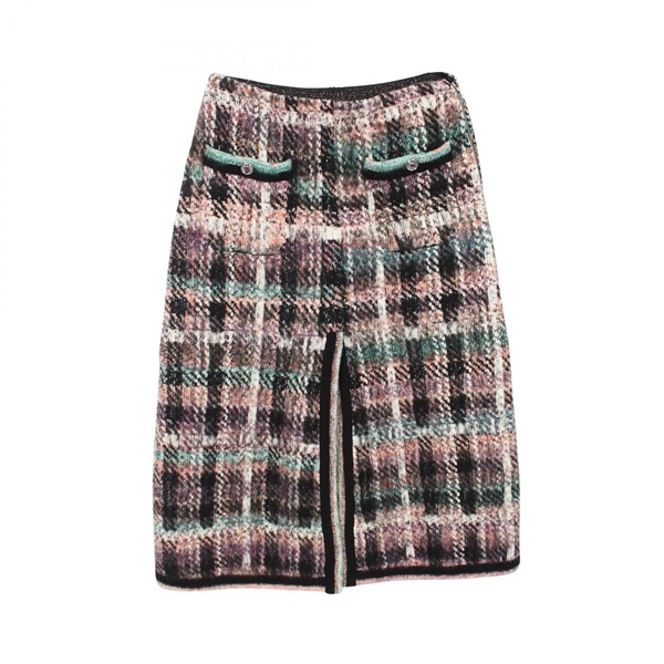 CHANEL Beaded Button Checkered Knit Slit Skirt #36 P73002K10501 cashmere wool CC