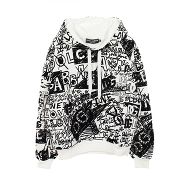 DOLCE & GABBANA FLOCKED GRAFFITI PRINT Hoodie cotton White Black #XS Used mens